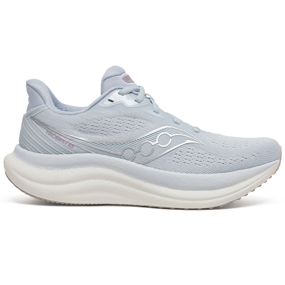 Side view on white background of Womens Saucony Triumph running shoe in Vapor/Arctic, Medium (Regular) width