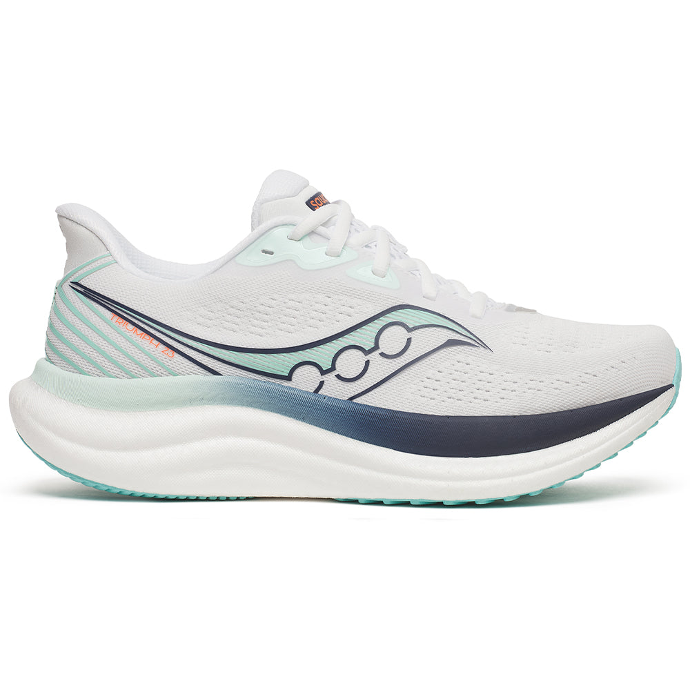 Side view on white background of Womens Saucony Triumph running shoe in White/Navy, Medium (Regular) width