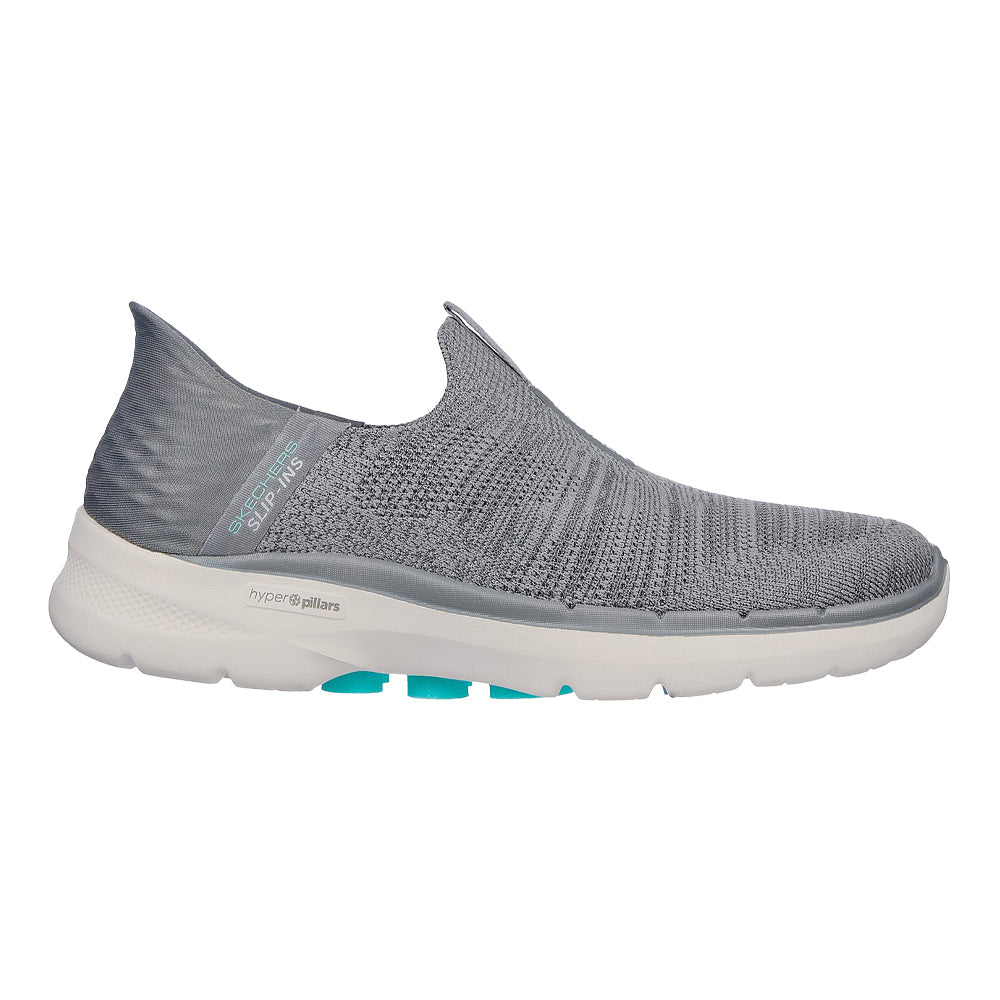 Side view on white background of Womens Skechers Go Walk running shoe in Gray, Medium (Regular) width