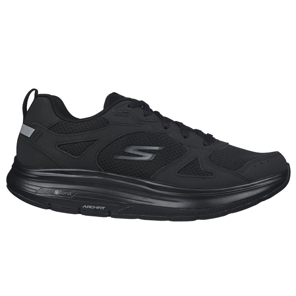 Side view on white background of Womens Skechers Go Walk running shoe in Black/Black, Medium (Regular) width