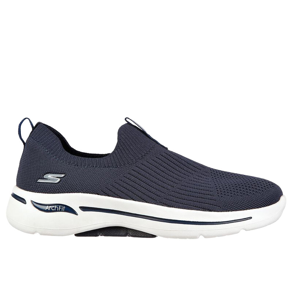 Side view on white background of Womens Skechers Go Walk running shoe in Navy, Medium (Regular) width