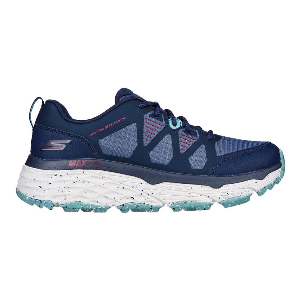 Side view on white background of Womens Skechers Max Cushioning running shoe in Navy/Turquoise, Medium (Regular) width