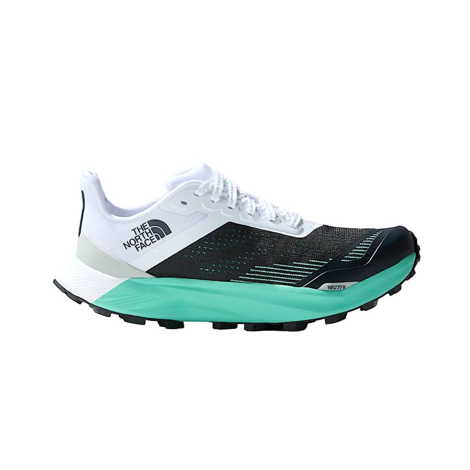 Side view on white background of Womens The North Face Vectiv InfinIte 2 running shoe in Asphalt Grey/TNF White, Medium (Regular) width