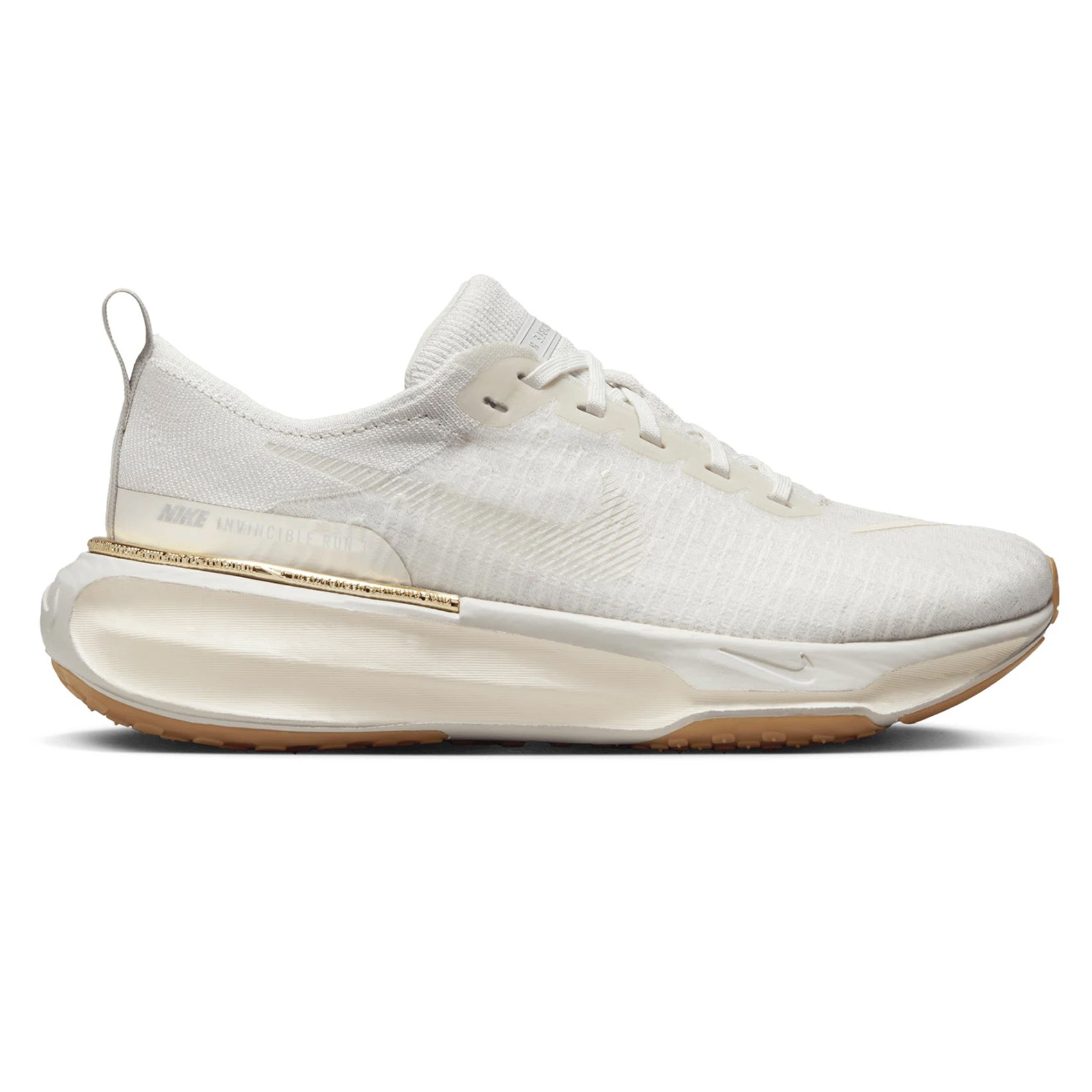 Side view on white background of Womens Nike Invincible 3 running shoe in Light Bone/Pale Ivory-Sail, Medium (Regular) width
