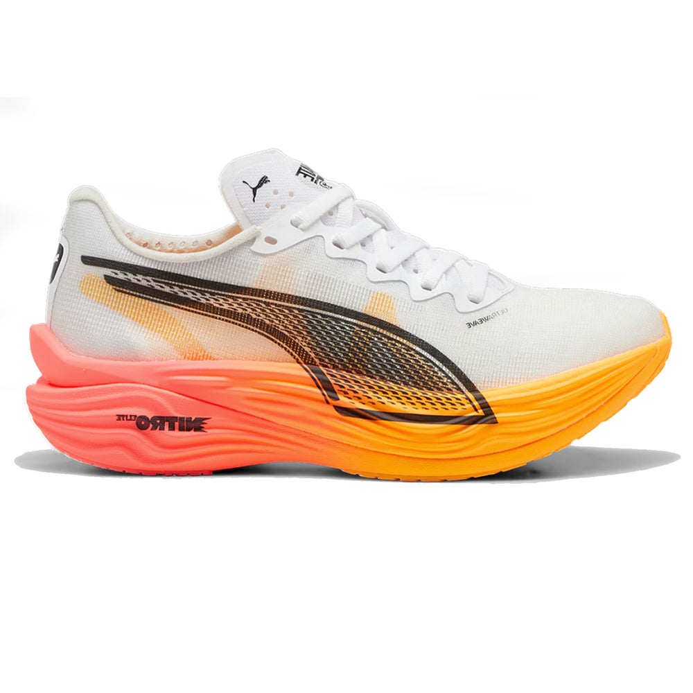 Side view on white background of Womens Puma Deviate Elite 3 running shoe in Puma White/Sunset Glow/Sun Stream, Medium (Regular) width