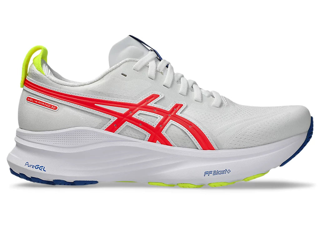 Side view on white background of Womens Asics Gel-Kayano 32 running shoe in White/Flash Coral, Medium (Regular) width
