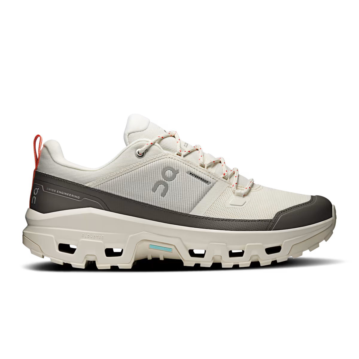 Side view on white background of Mens On Cloudrock Low Waterproof running shoe in Ivory/Ivory, Medium (Regular) width