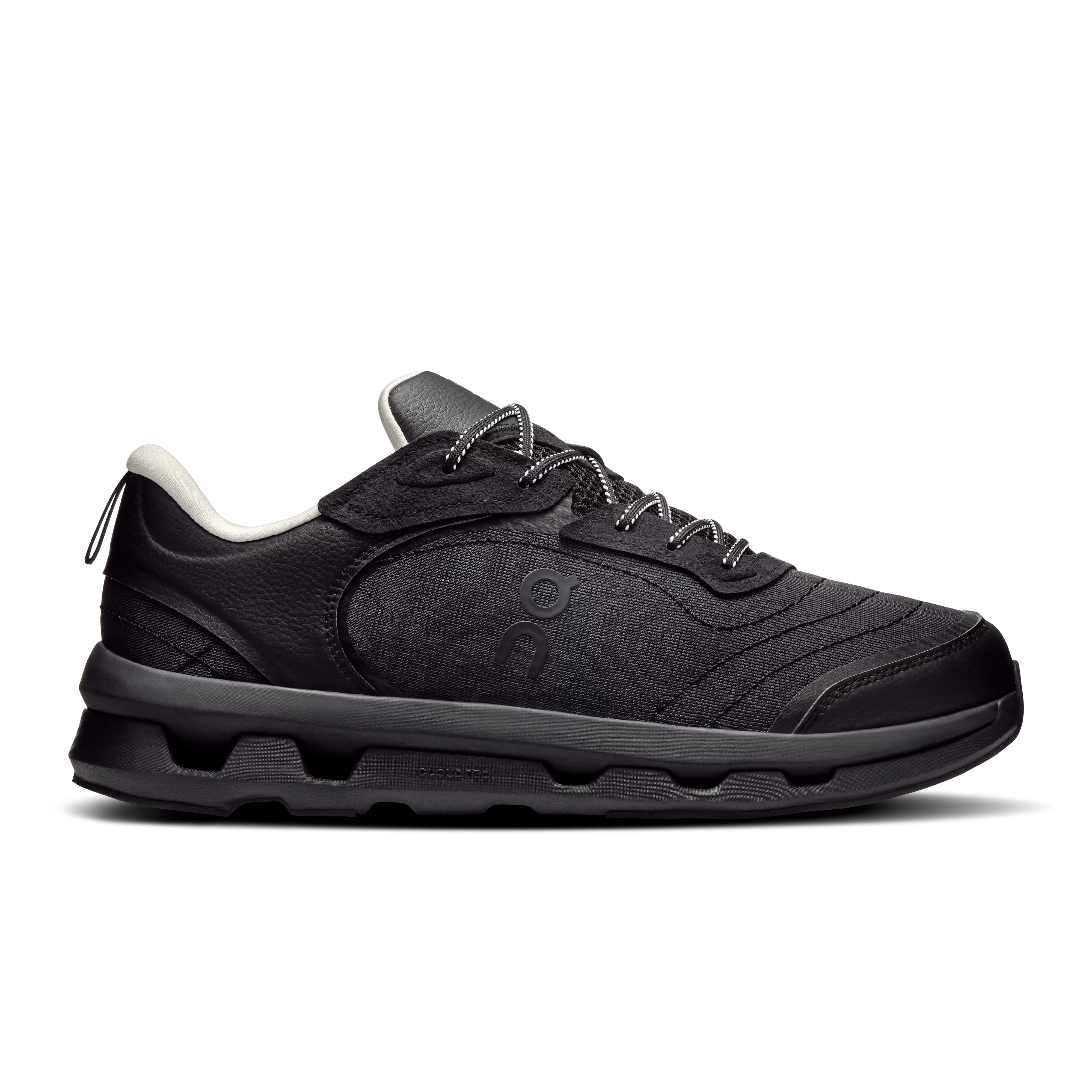 Side view on white background of Mens On Cloudzone Moon running shoe in Black/Dew, Medium (Regular) width