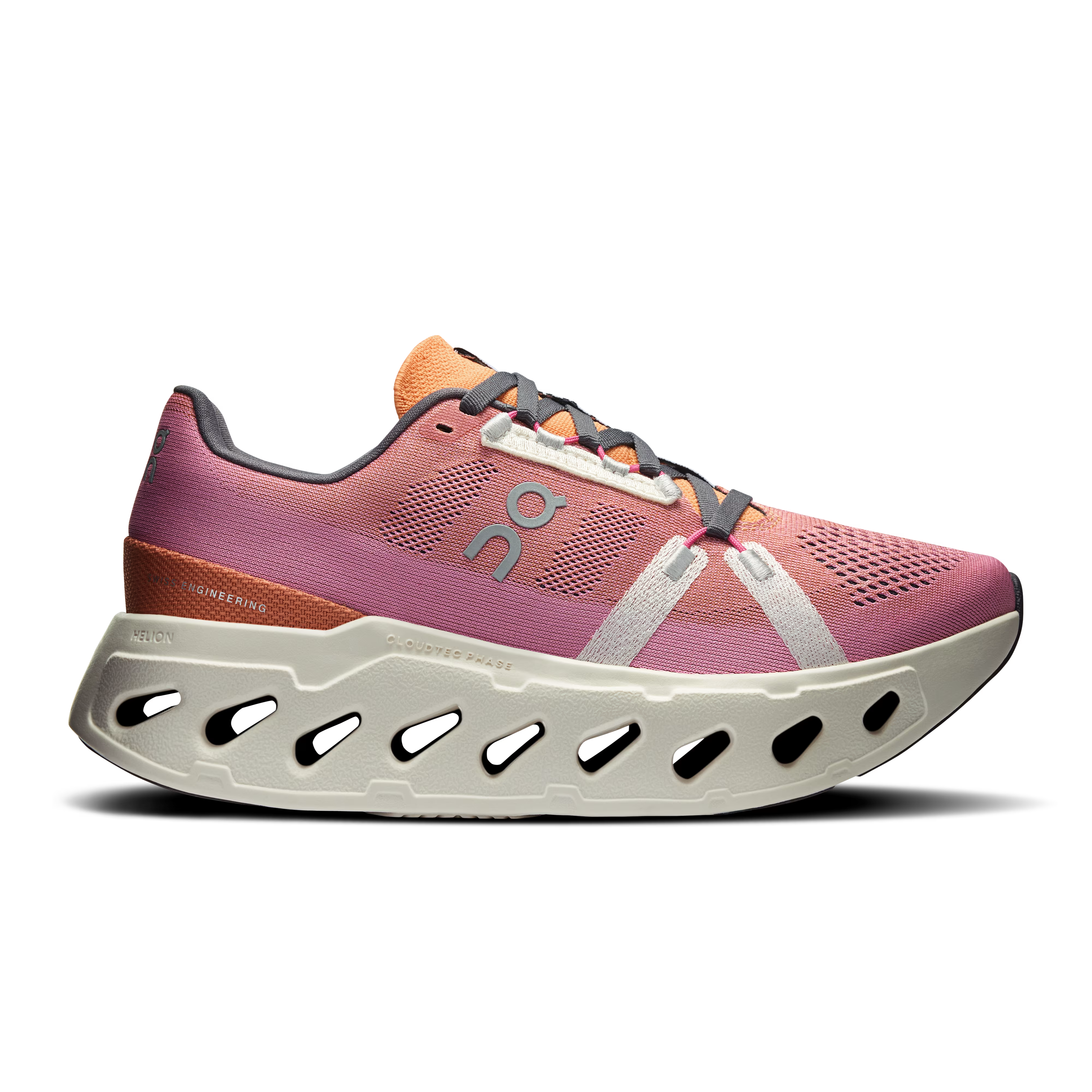 Side view on white background of Womens On Cloudeclipse running shoe in Tangerine/Ivory, Medium (Regular) width