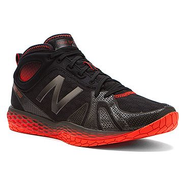 Side view on white background of Mens New Balance MX80GR running shoe in Black/Red, Medium (Regular) width
