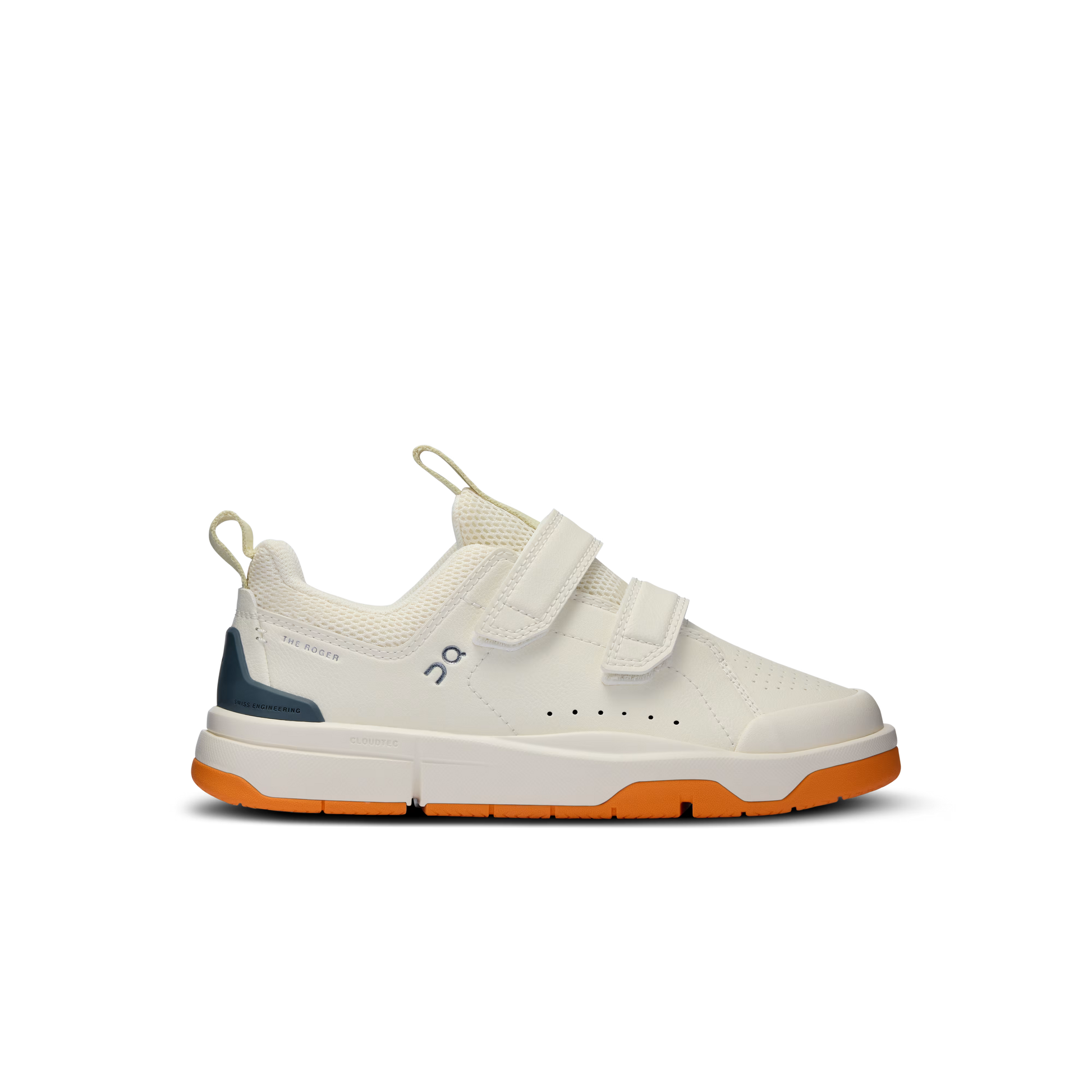 Side view on white background of Kids On  shoe in Ivory/Orange, Medium (Regular) width
