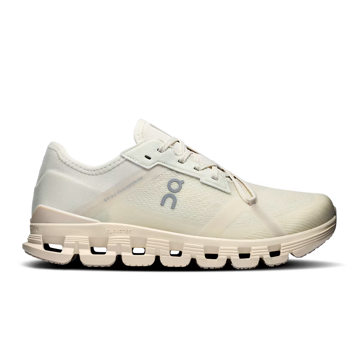 Side view on white background of Womens On Cloud X 4 AD running shoe in Ghost/Dew, Medium (Regular) width