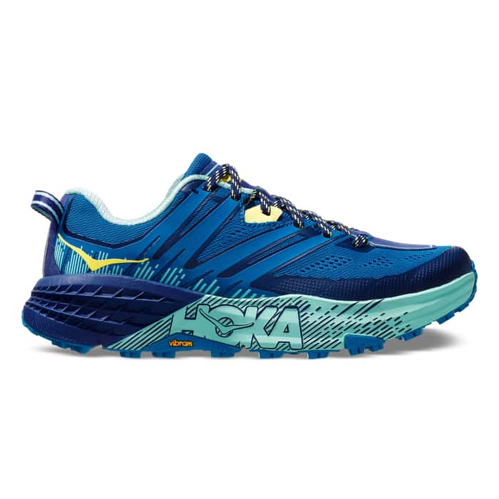 Side view on white background of Womens Hoka Speedgoat 3 running shoe in Seapost/Medieval Blue, Medium (Regular) width