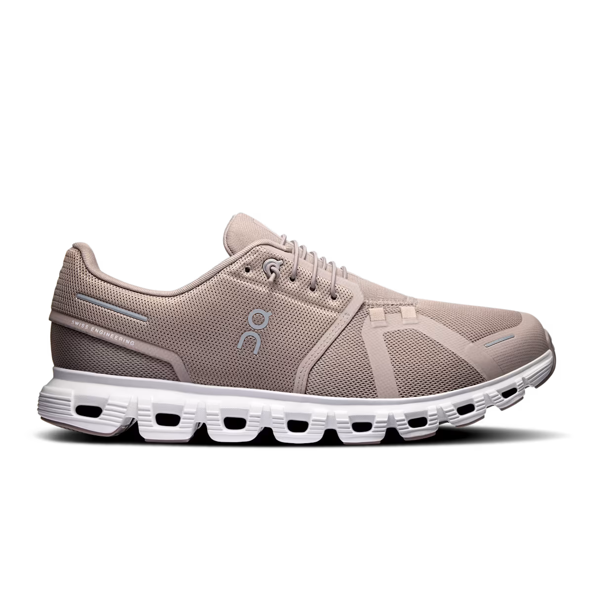 Side view on white background of Mens On Cloud 6 running shoe in Fog/White, Medium (Regular) width
