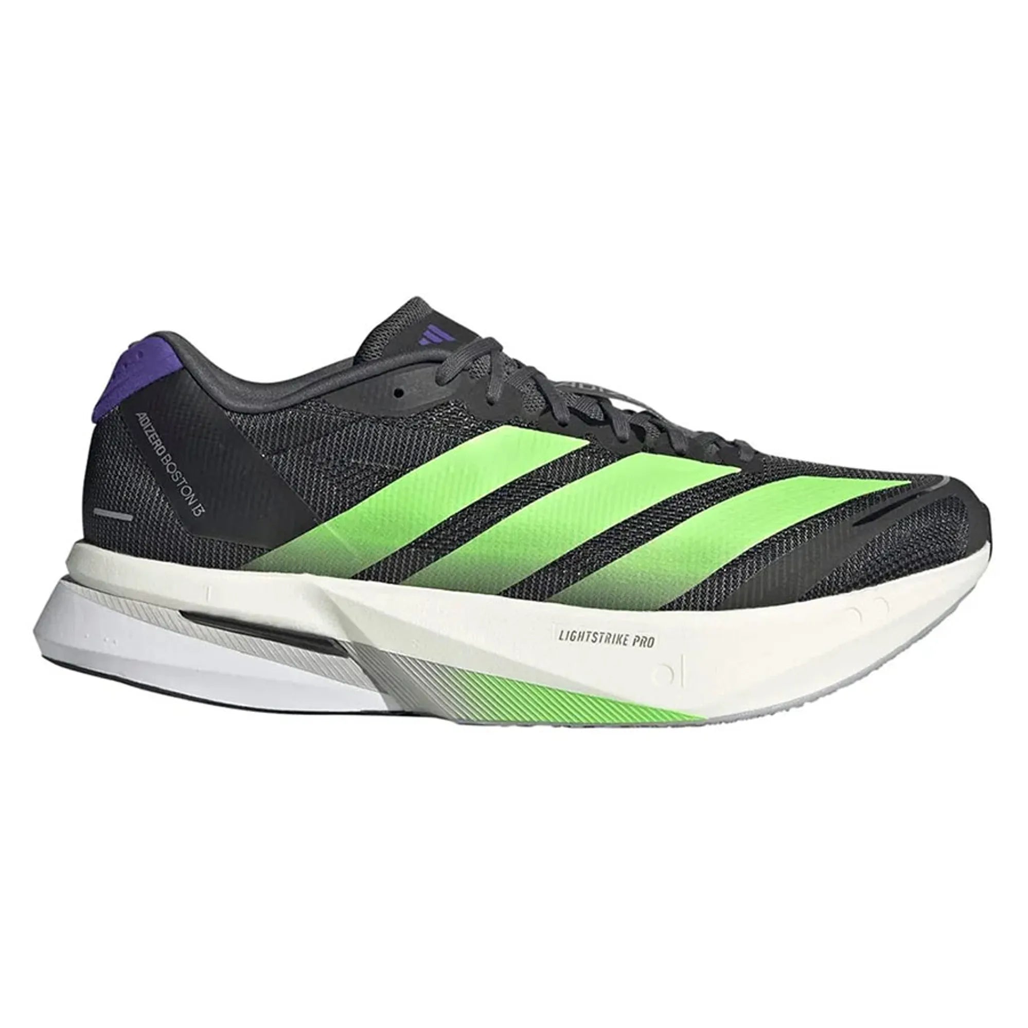 Side view on white background of Mens Adidas Adizero Boston 13 running shoe in Core Black/Lime Burst/Energy Ink, Medium (Regular) width