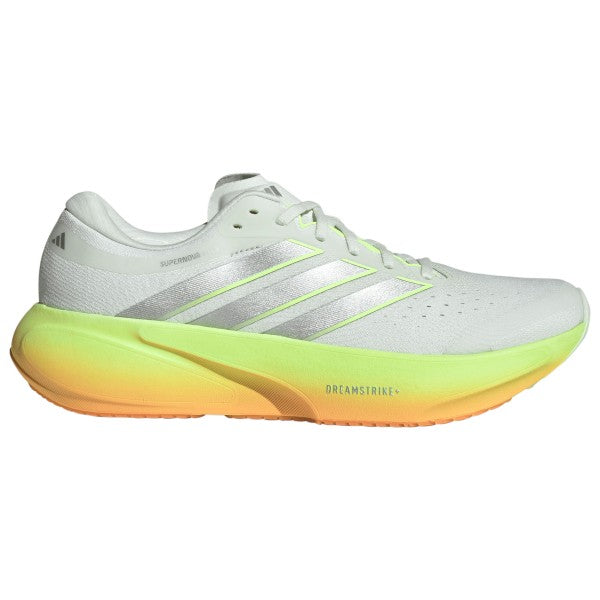 Side view on white background of Mens Adidas Supernova Rise 3 running shoe in Crystal Jade/Silver Met/Lucid Tangerine, Medium (Regular) width