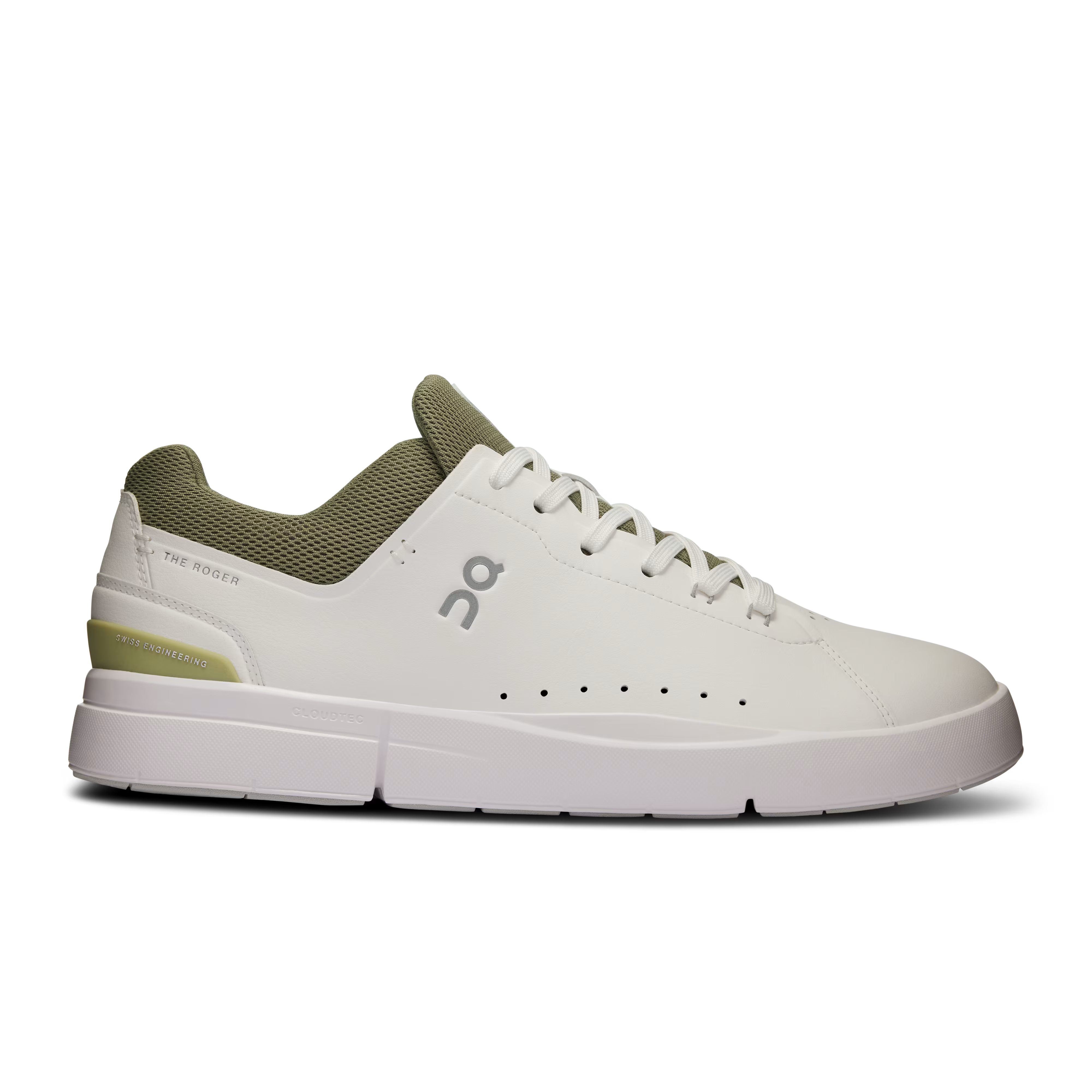 Side view on white background of Mens On The Roger Centre Court running shoe in White/Olive, Medium (Regular) width
