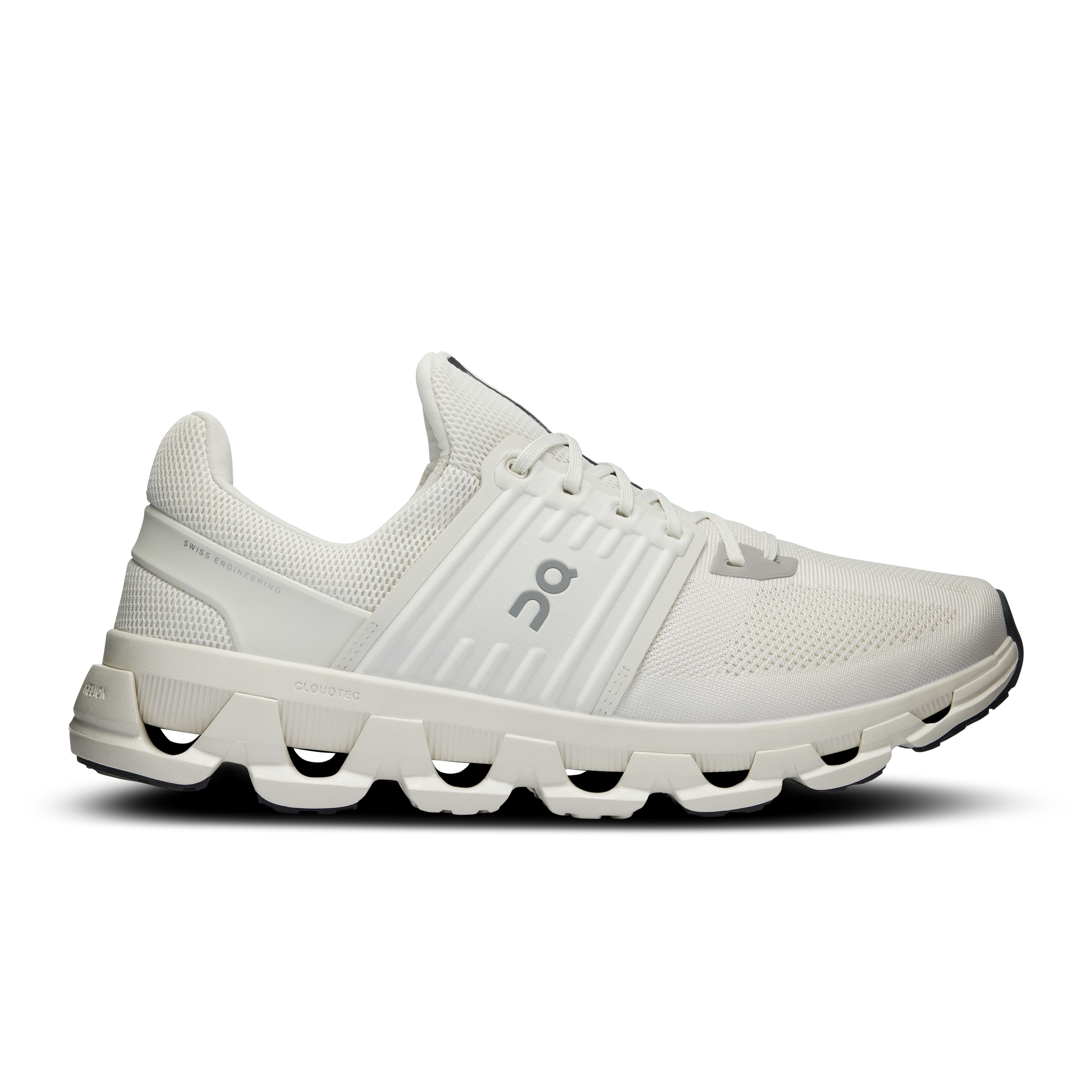 Side view on white background of Mens On Cloudswift 3 AD running shoe in Ice/Black, Medium (Regular) width