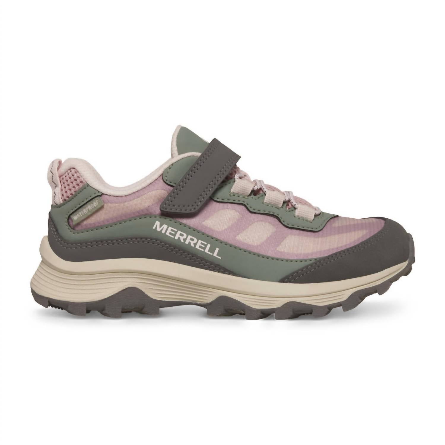 Side view on white background of Youth Merrell Moab Speed Low Waterproof running shoe in Dusty Pink/Olive, Medium (Regular) width