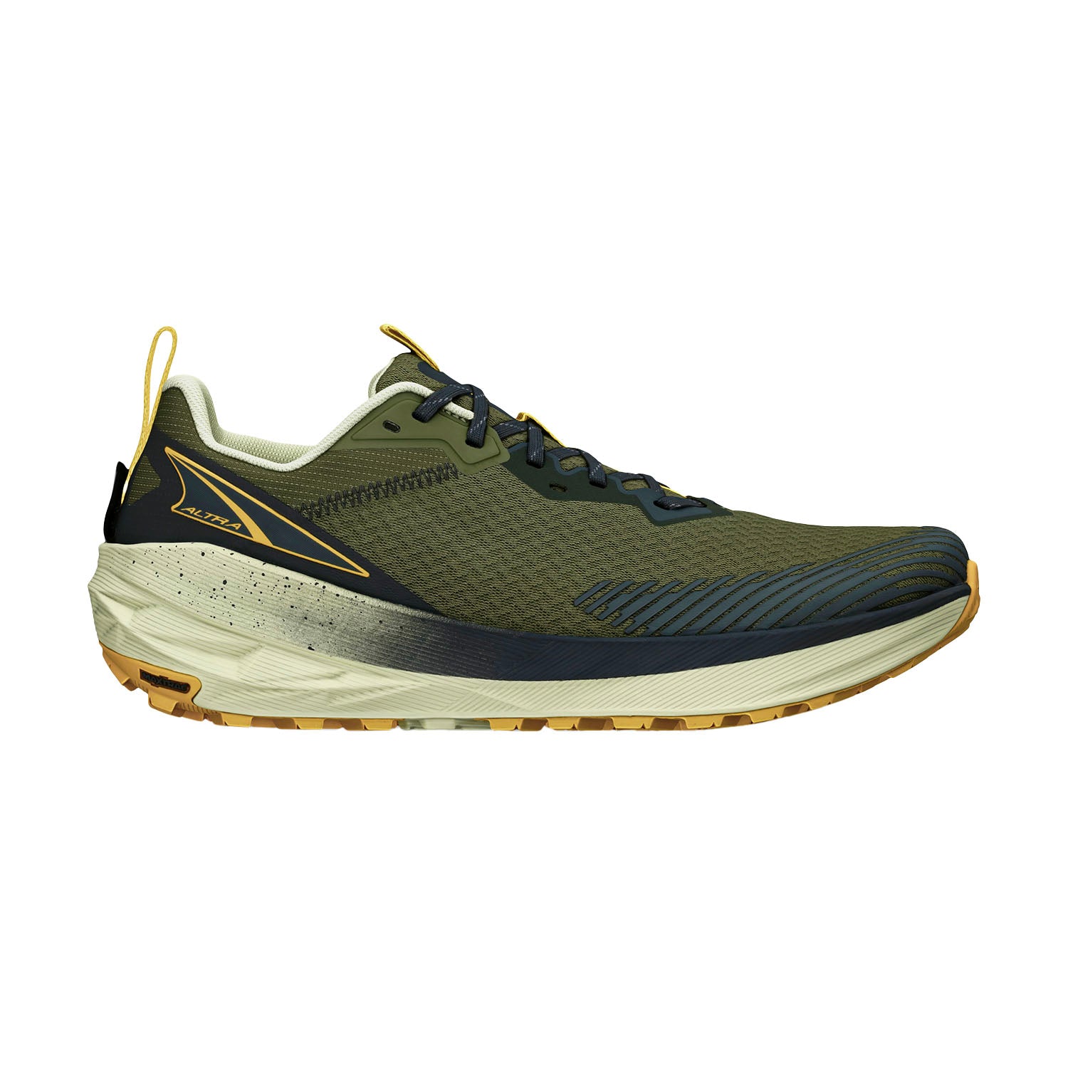 Side view on white background of Mens Altra Experience Wild 2 running shoe in Dusty Olive, Medium (Regular) width
