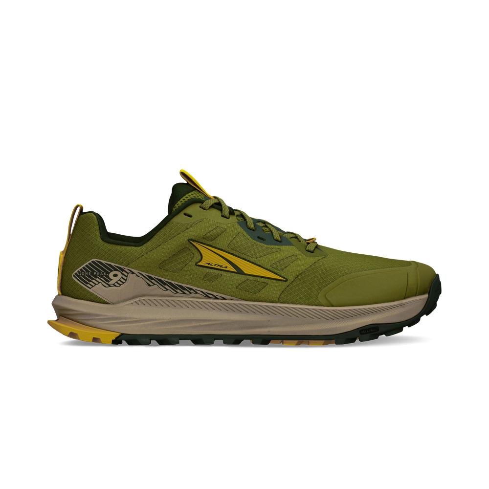 Side view on white background of Mens Altra Lone Peak 9 running shoe in Green, Medium (Regular) width