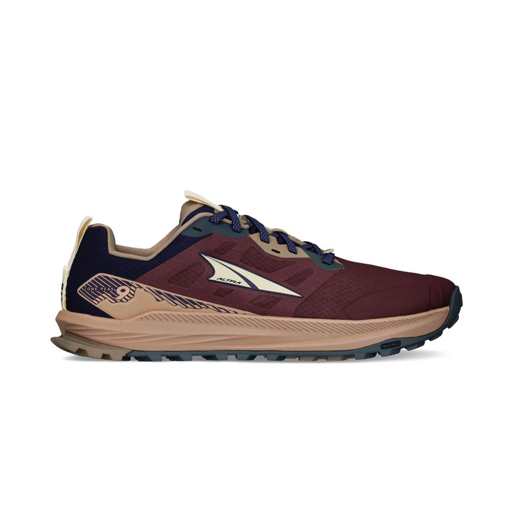 Side view on white background of Mens Altra Lone Peak 9 running shoe in Maroon, Medium (Regular) width