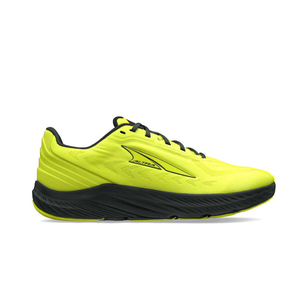 Side view on white background of Mens Altra Rivera 4 running shoe in Green, Medium (Regular) width