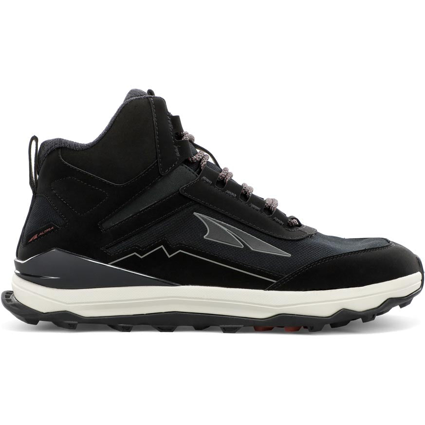 Side view on white background of Mens Altra Lone Peak Hiker running shoe in Black, Medium (Regular) width