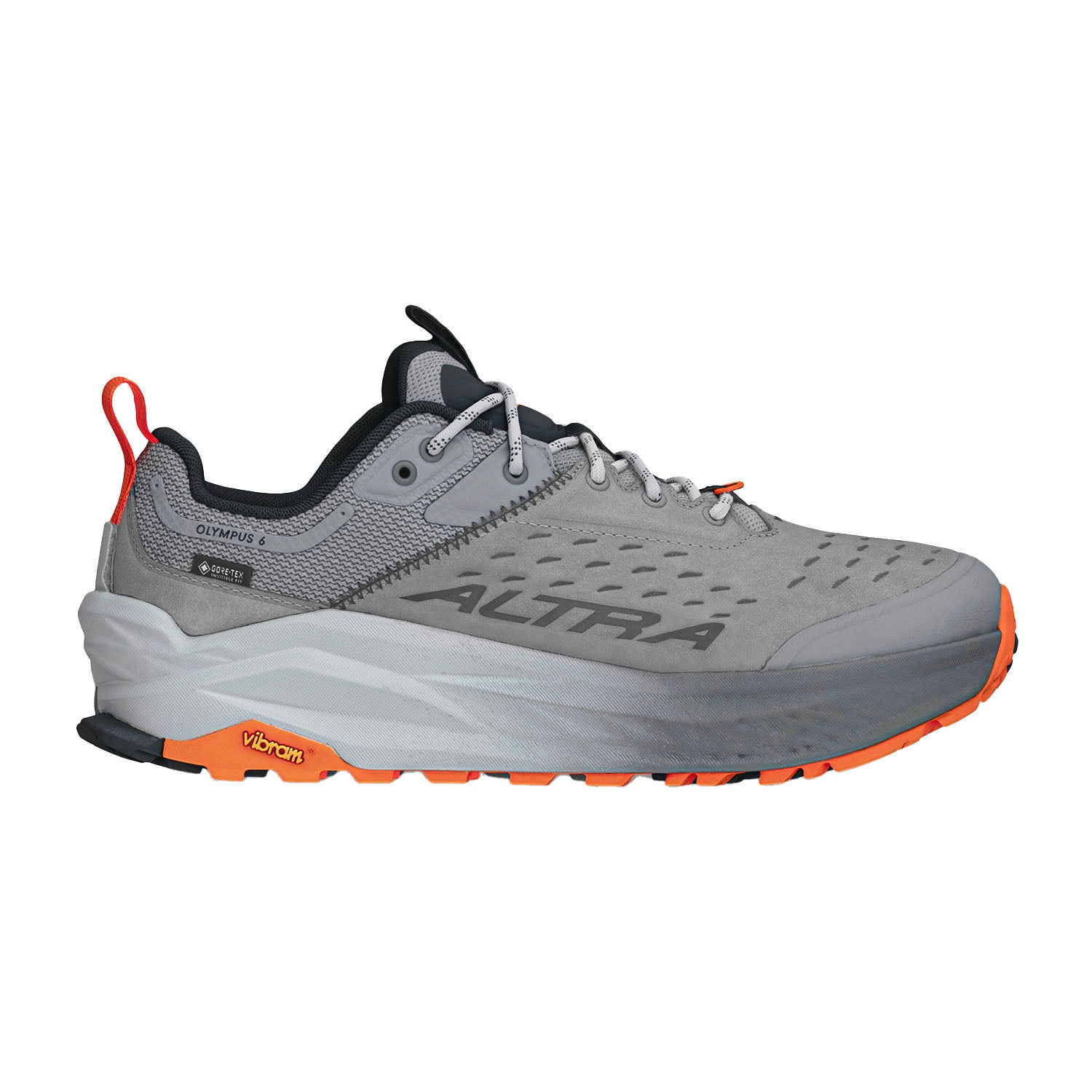 Side view on white background of Mens Altra Olympus 6 running shoe in Gray, Medium (Regular) width