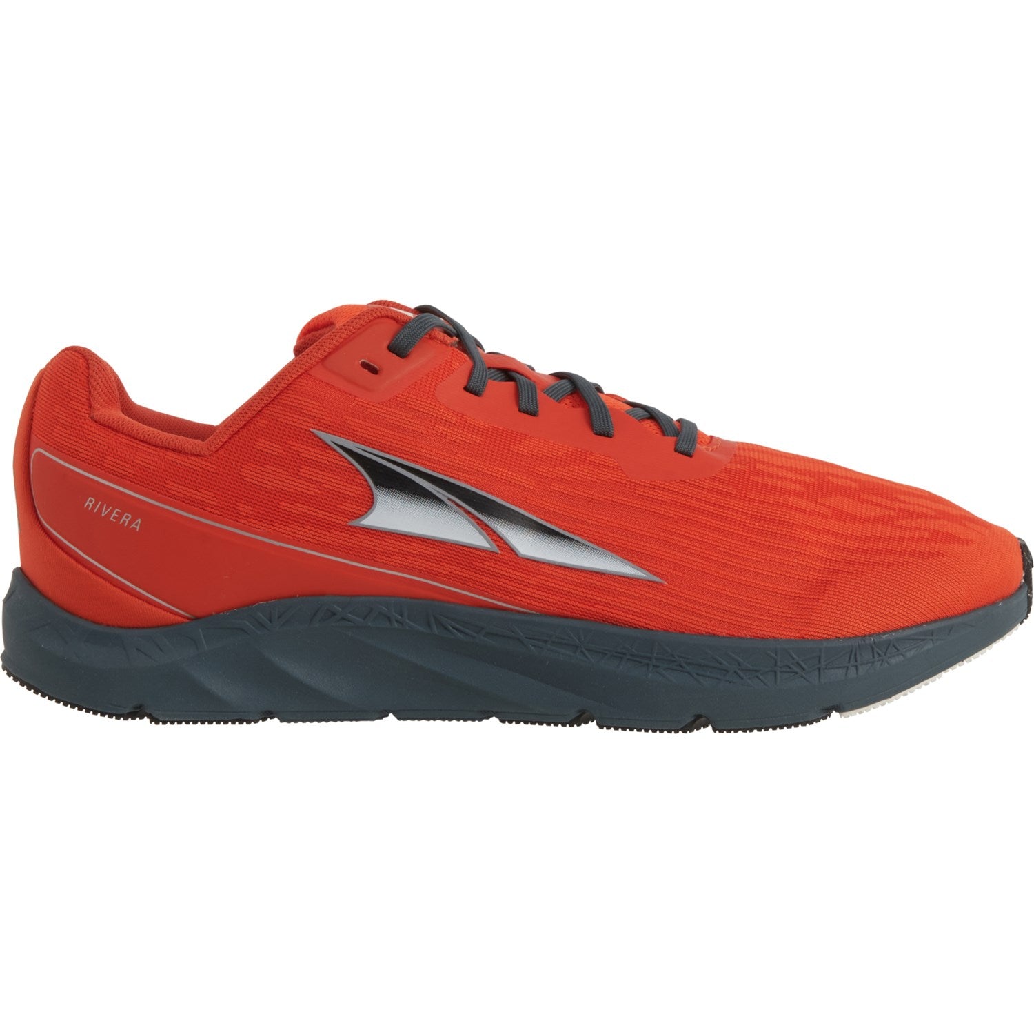 Side view on white background of Mens Altra Rivera running shoe in Orange, Medium (Regular) width