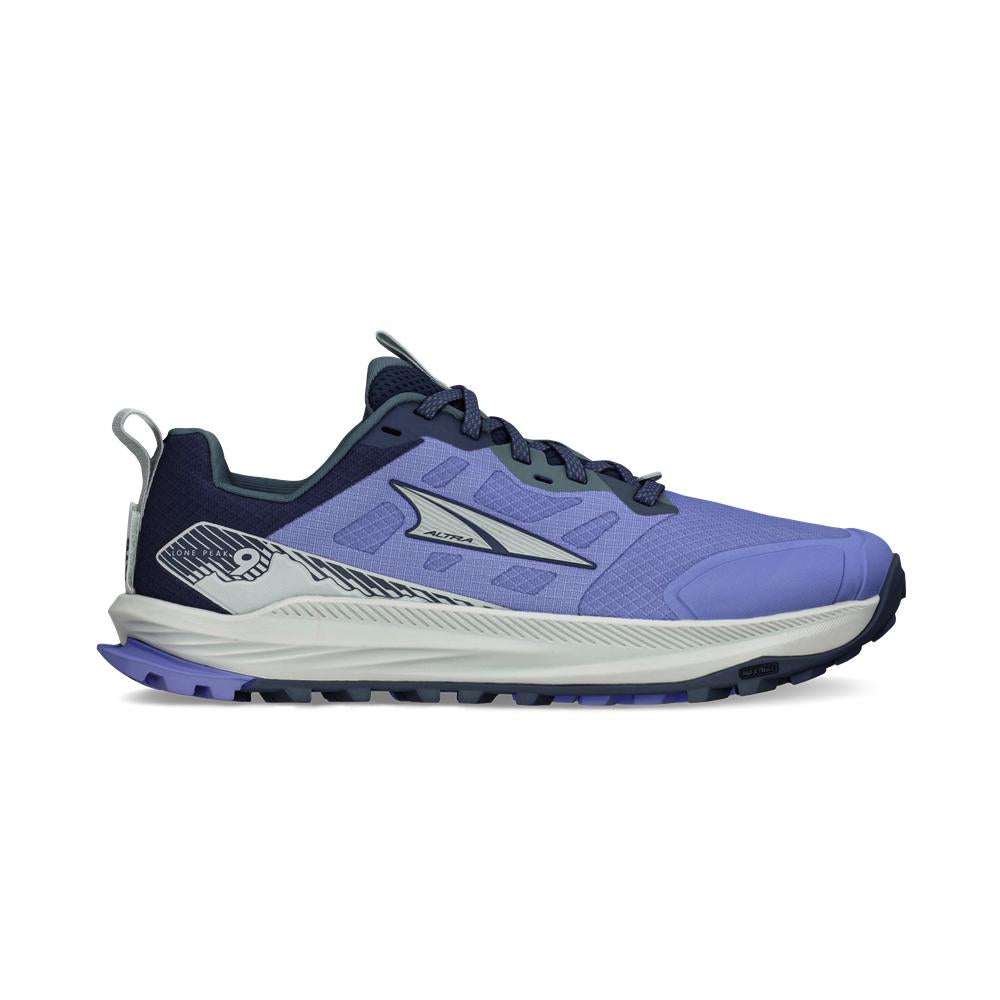 Side view on white background of Womens Altra Lone Peak 9 running shoe in Dark Blue, Medium (Regular) width