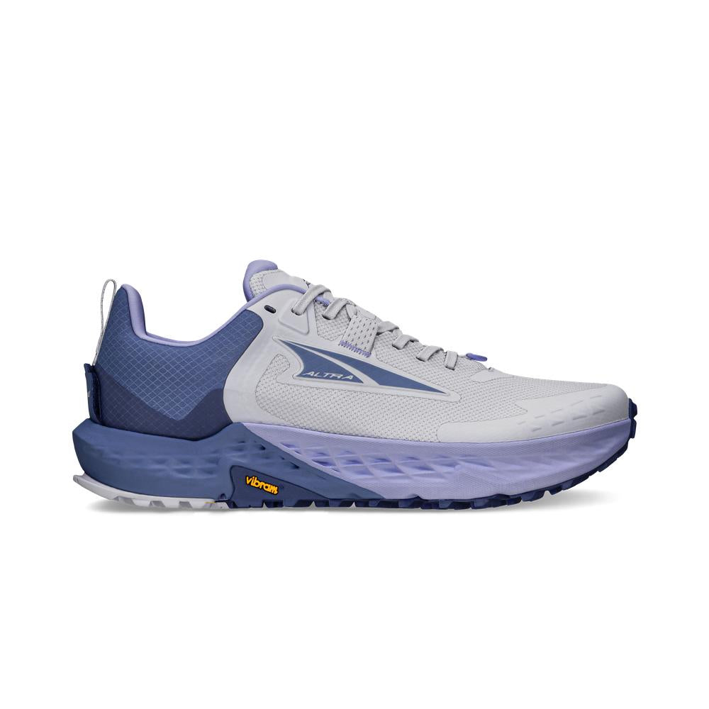 Side view on white background of Womens Altra Timp 5 running shoe in Gray/Blue, Medium (Regular) width