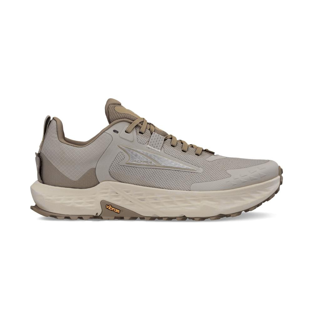 Side view on white background of Womens Altra Timp 5 running shoe in Sand, Medium (Regular) width