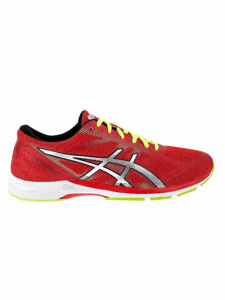 Side view on white background of Mens Asics Gel-DS Racer 10 running shoe in Red/Lightning/Flash Yellow, Medium (Regular) width