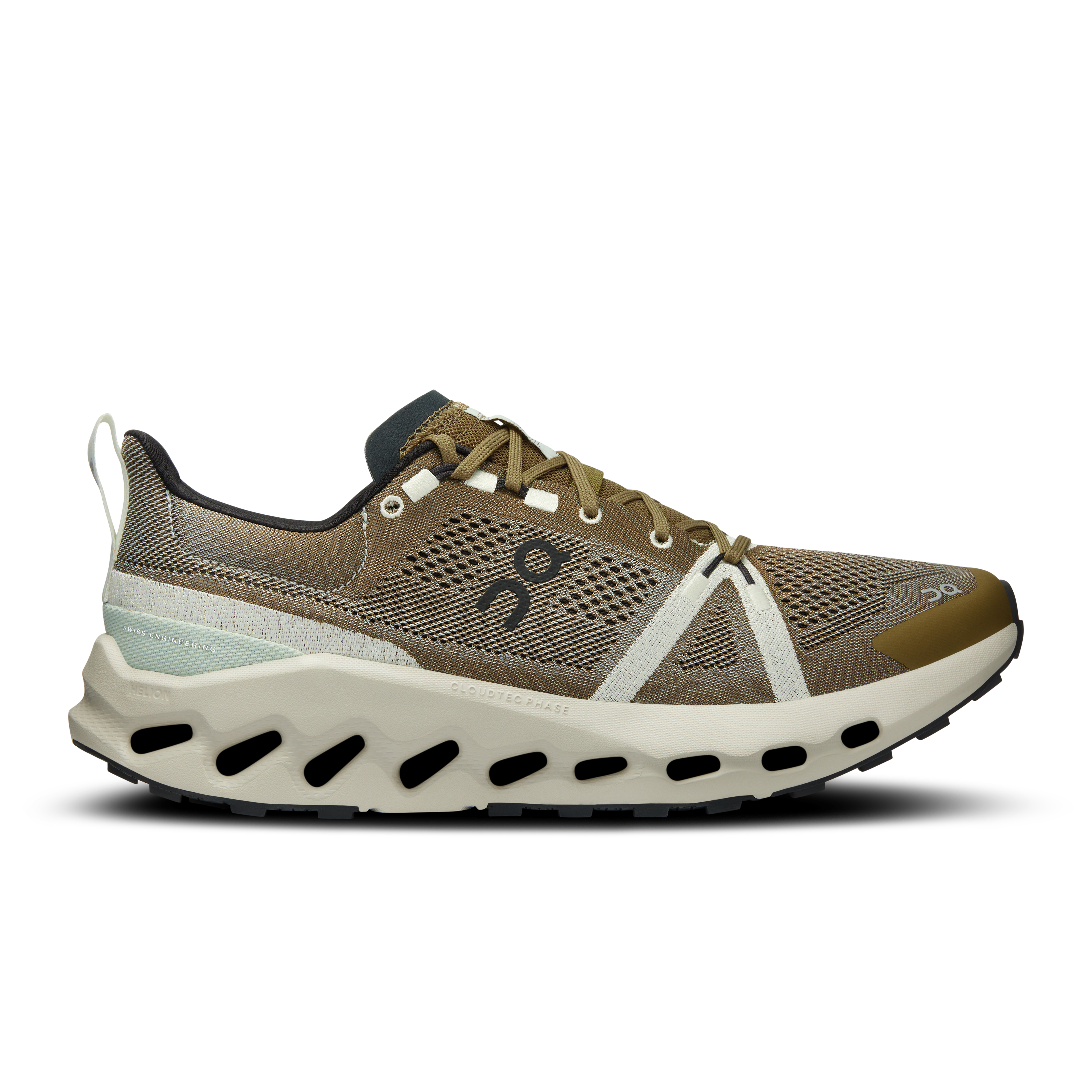 Side view on white background of Mens On Cloudsurfer Trail running shoe in Hunter/Ice, Medium (Regular) width