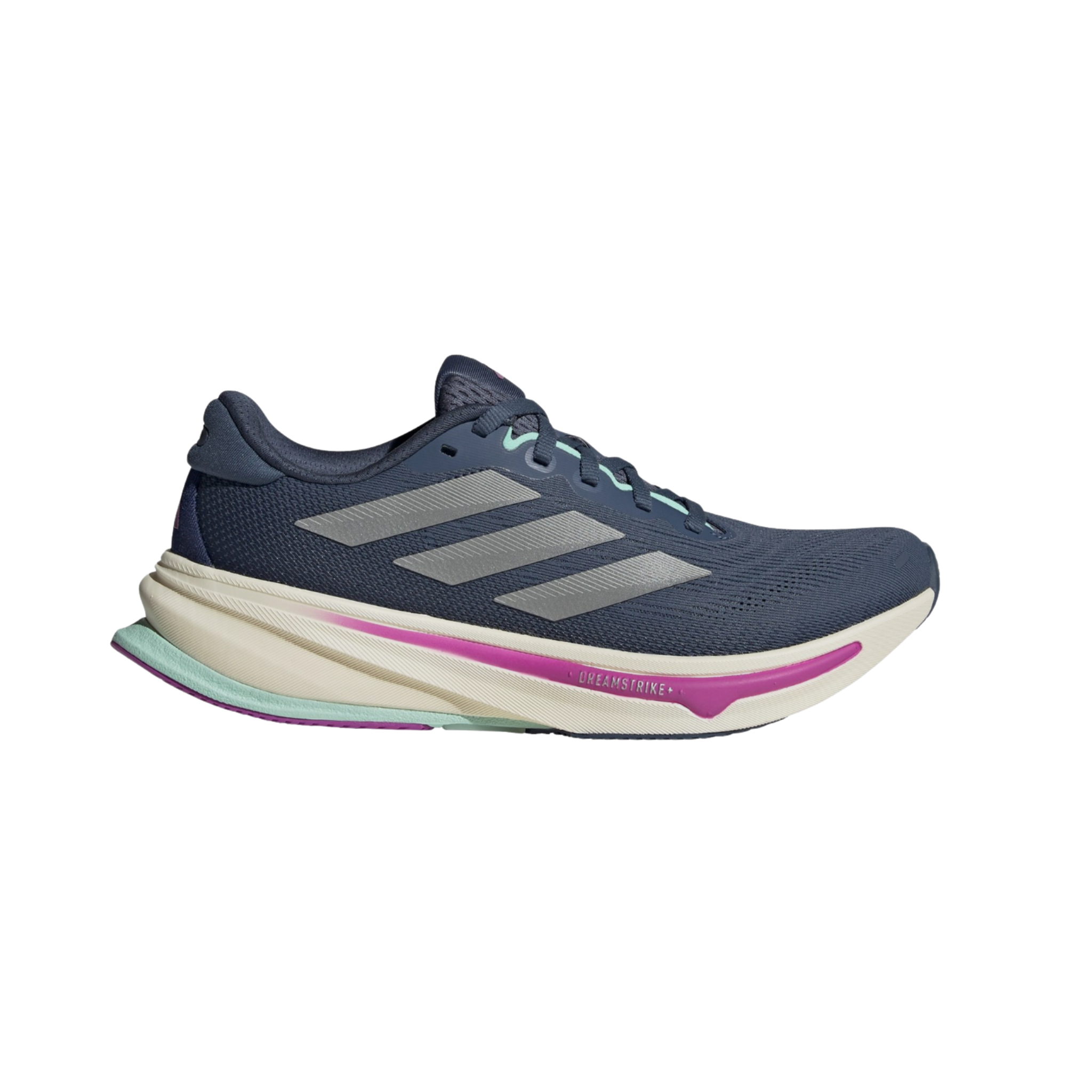 Side view on white background of Womens Adidas Supernova Rise 2 running shoe in Preloved Ink/Matte Silver/Preloved Ink, Medium (Regular) width