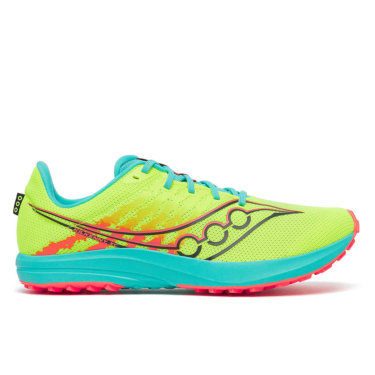 Side view on white background of Womens Saucony Kilkenny XC 10 Spike running shoe in Citron/Mutant, Medium (Regular) width