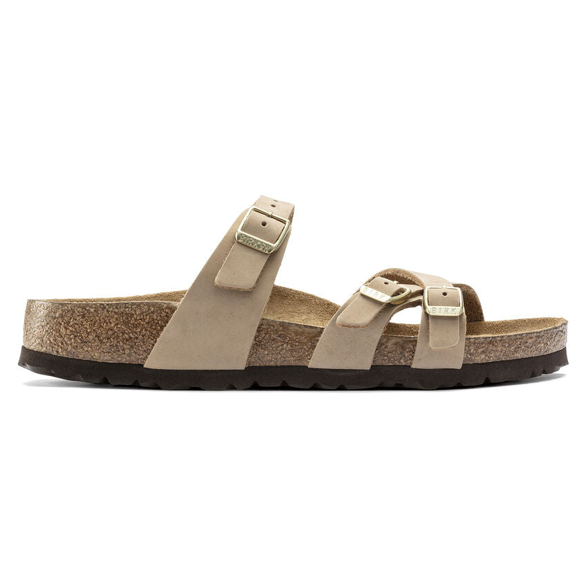 Side view on white background of Womens Birkenstock Franca running shoe in Sandcastle, Medium (Regular) width
