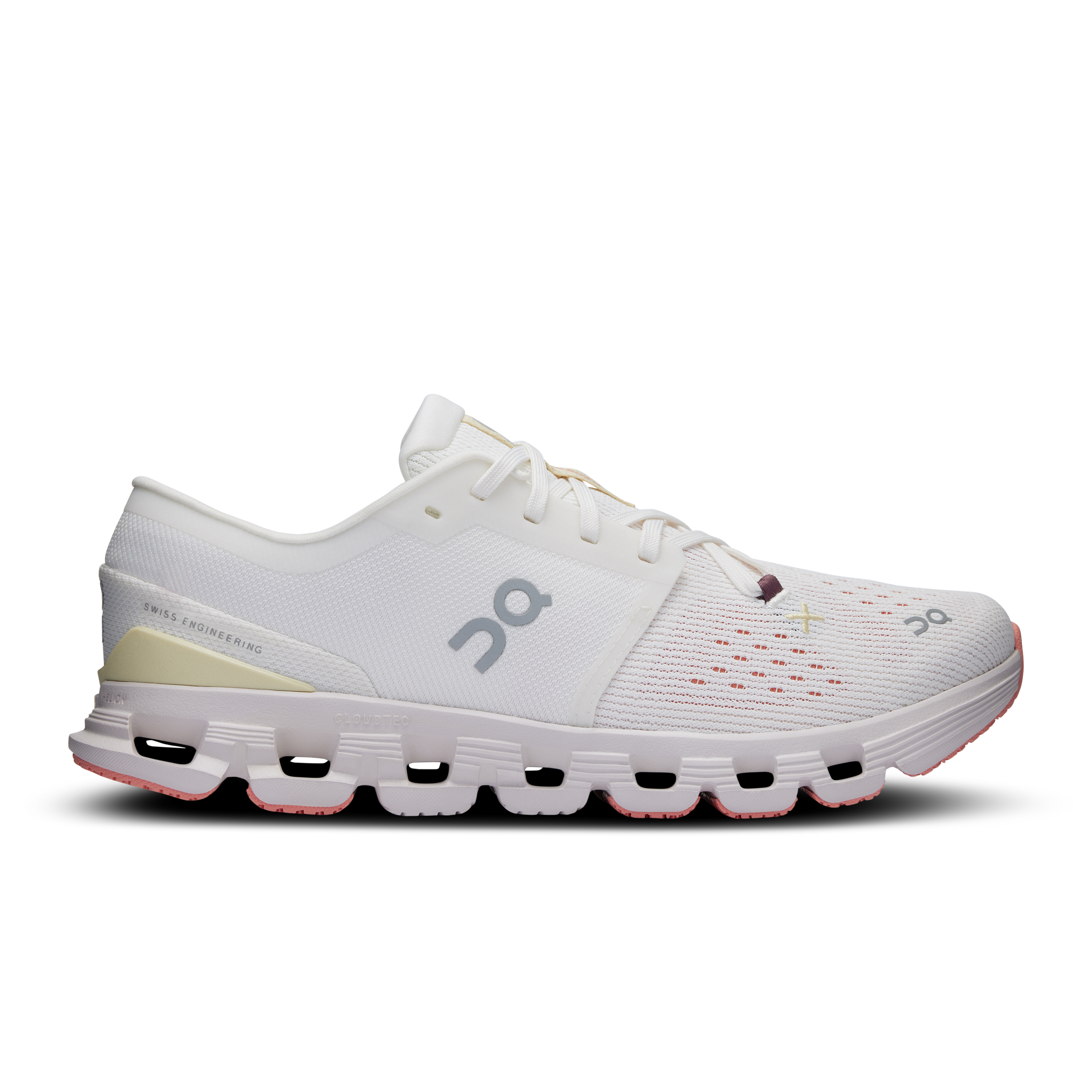 Side view on white background of Womens On Cloud X 4 running shoe in Ivory/Sand, Medium (Regular) width