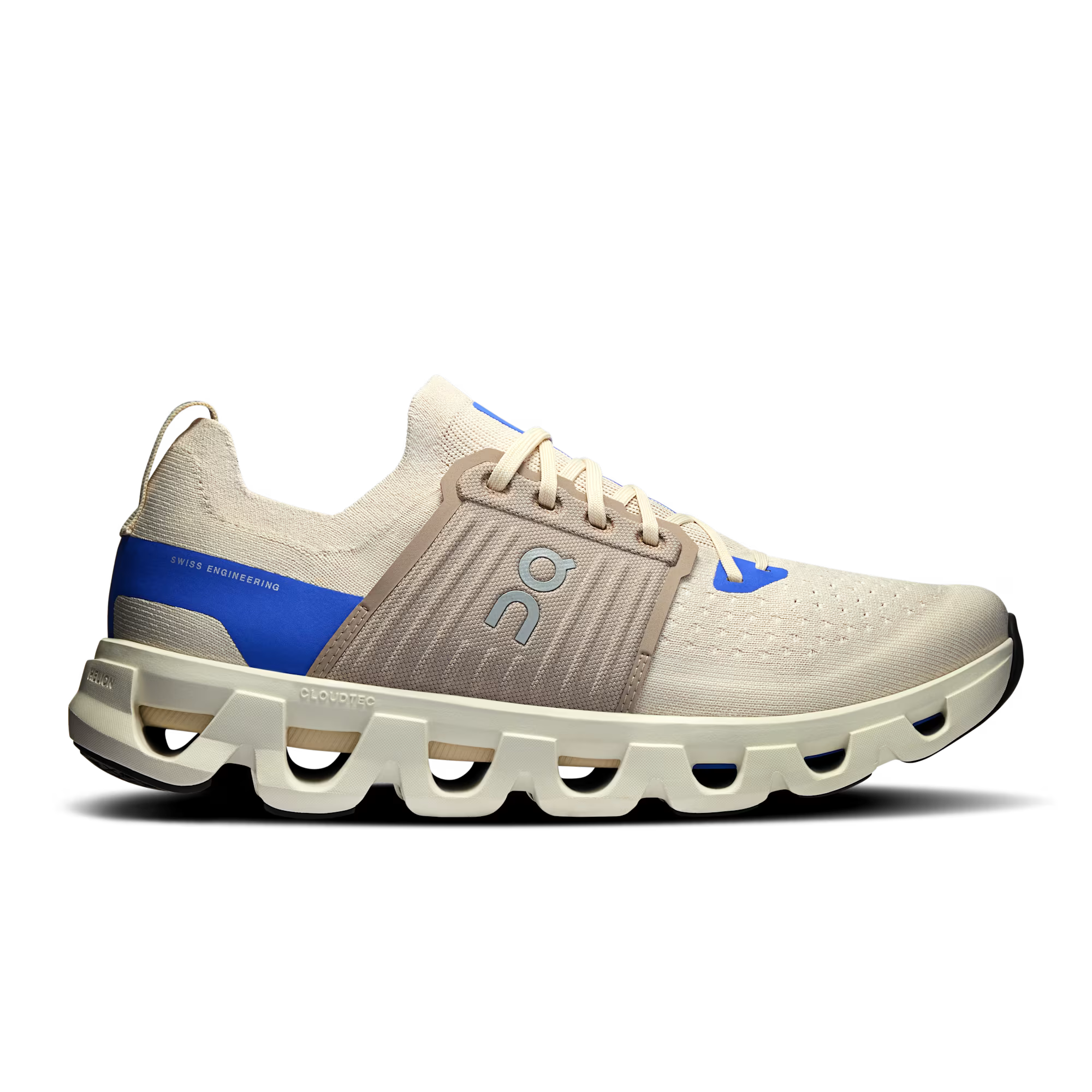 Side view on white background of Mens On Cloudswift 4 running shoe in Cream/Cobalt, Medium (Regular) width