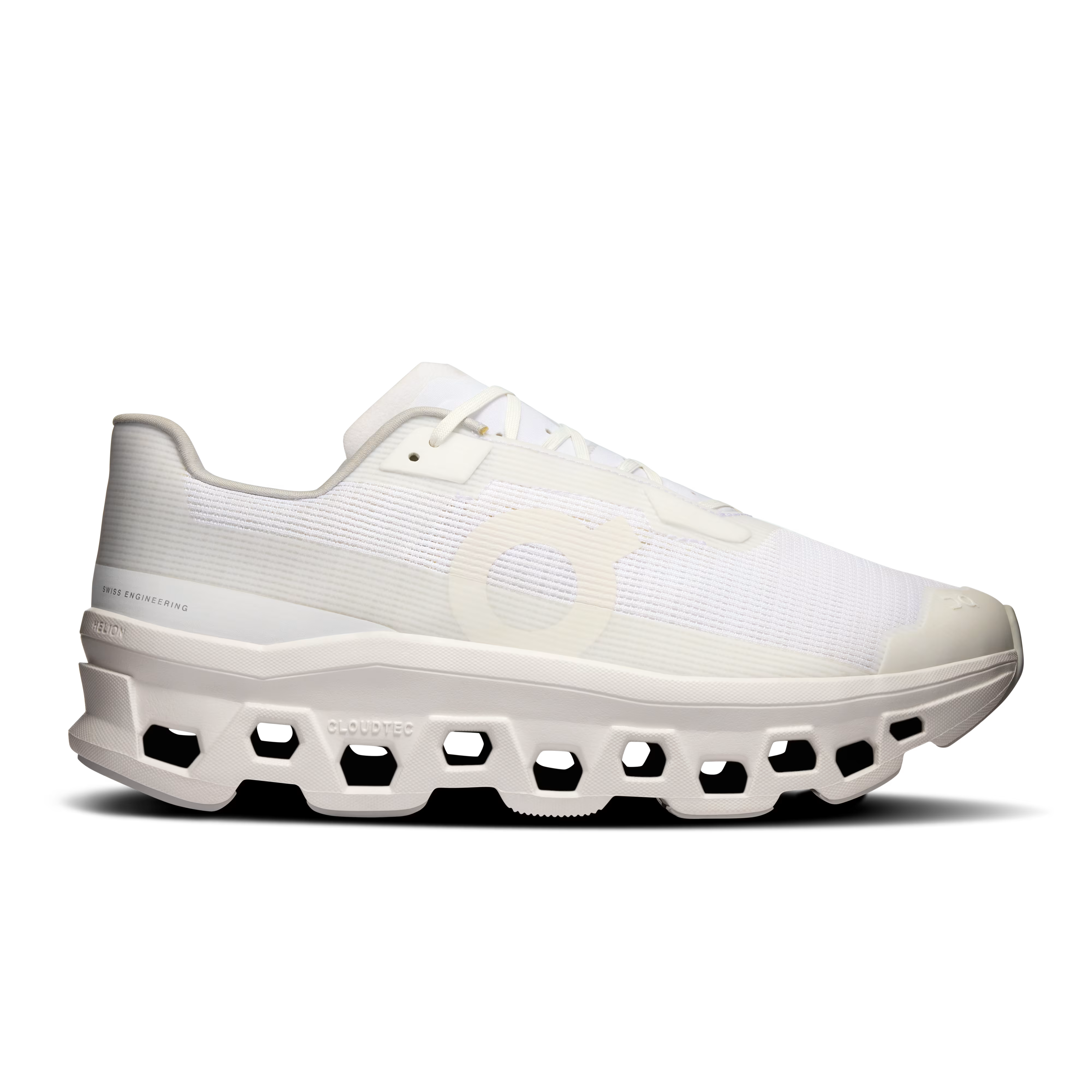 Side view on white background of Mens On Cloudmonster Void running shoe in White/White, Medium (Regular) width