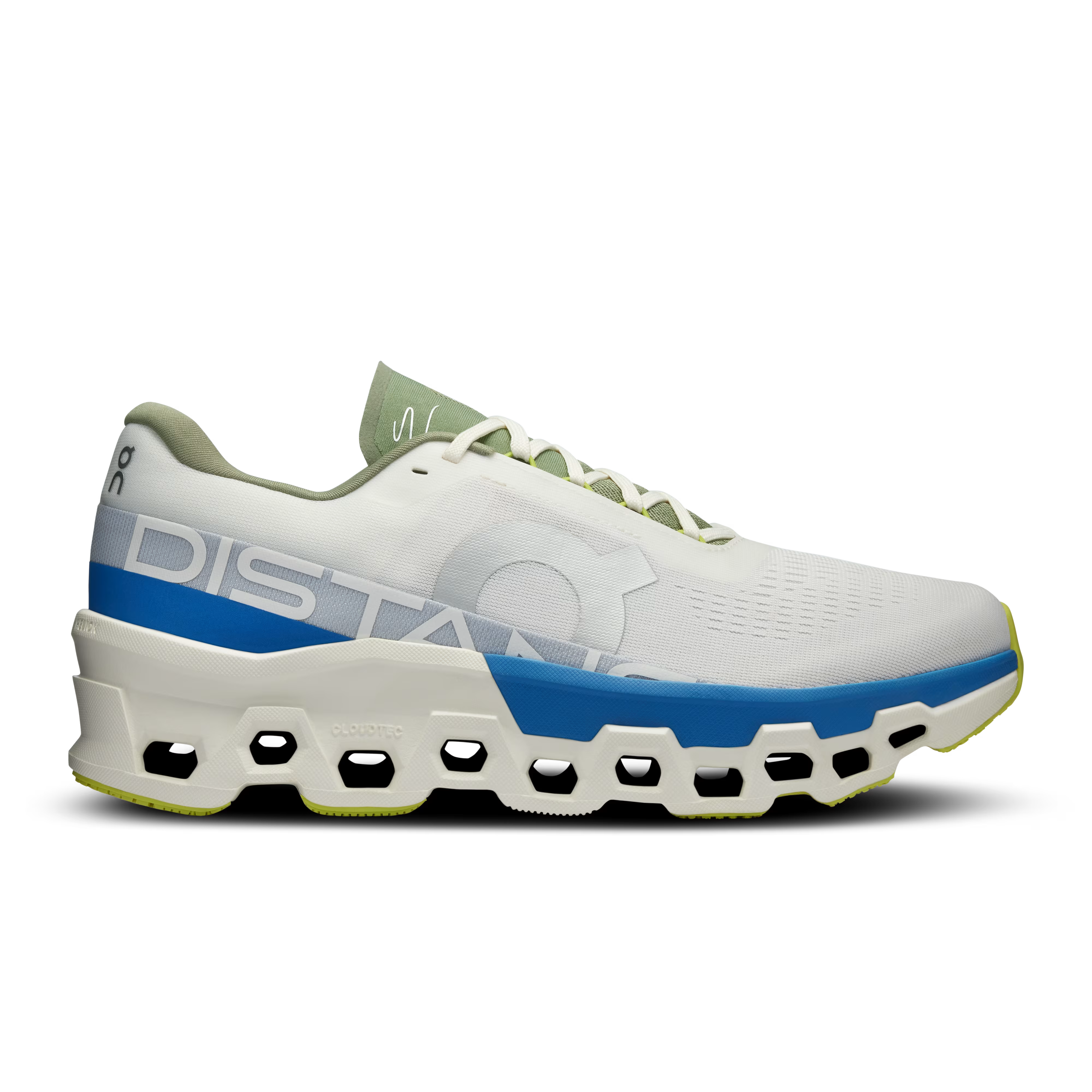 Side view on white background of Mens On Cloudmonster 2 DISTANCE running shoe in White/Lapis, Medium (Regular) width