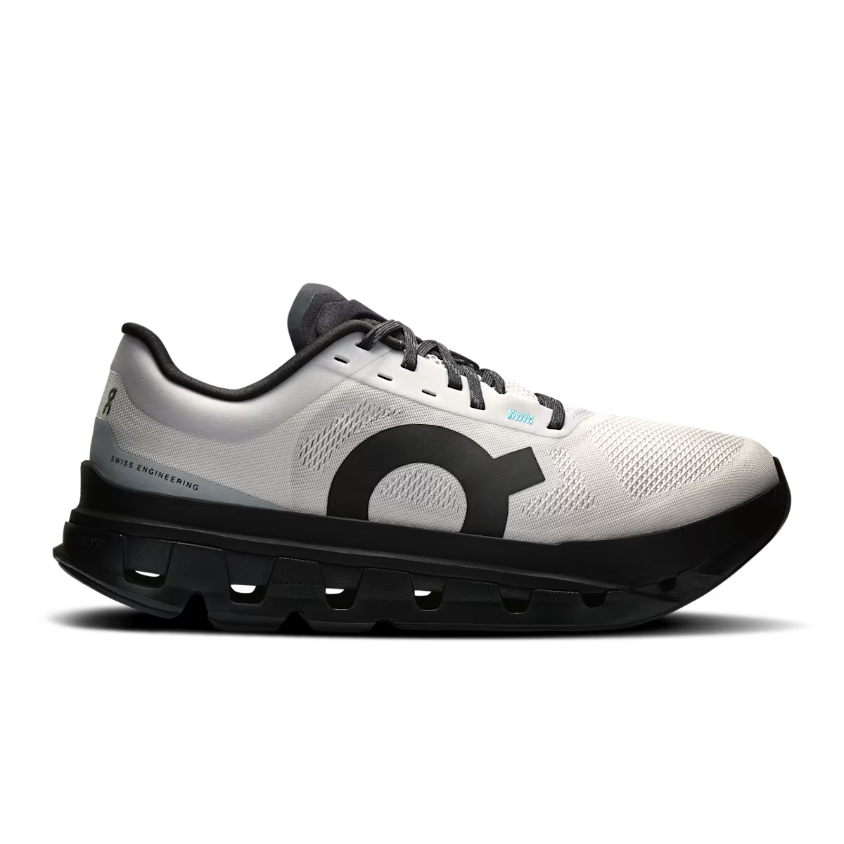 Side view on white background of Womens On Cloudflow 5 running shoe in Glacier/Black, Medium (Regular) width