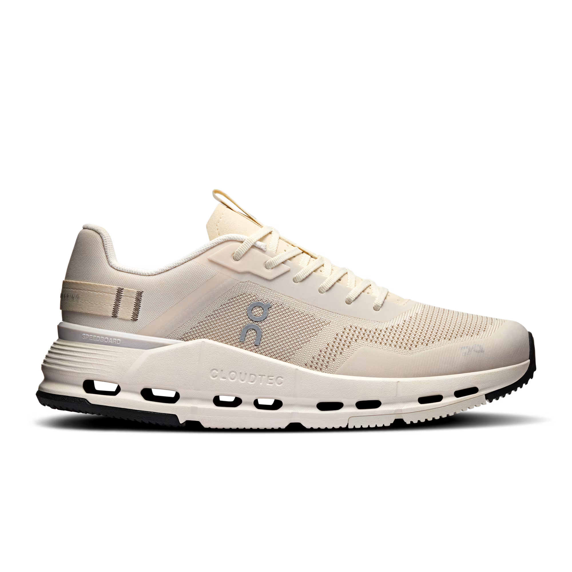 Side view on white background of Womens On Cloudnova Form 2 TT running shoe in Cream/Ivory, Medium (Regular) width
