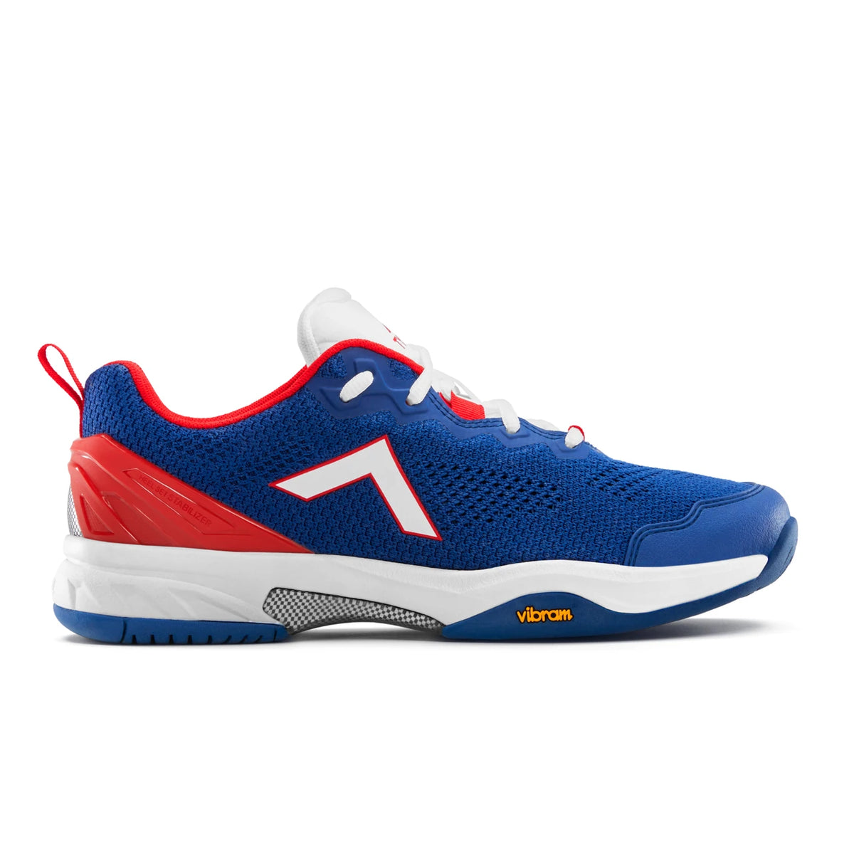 Side view on white background of Mens Tyrol Velocity V running shoe in Navy/Red/White, Medium (Regular) width