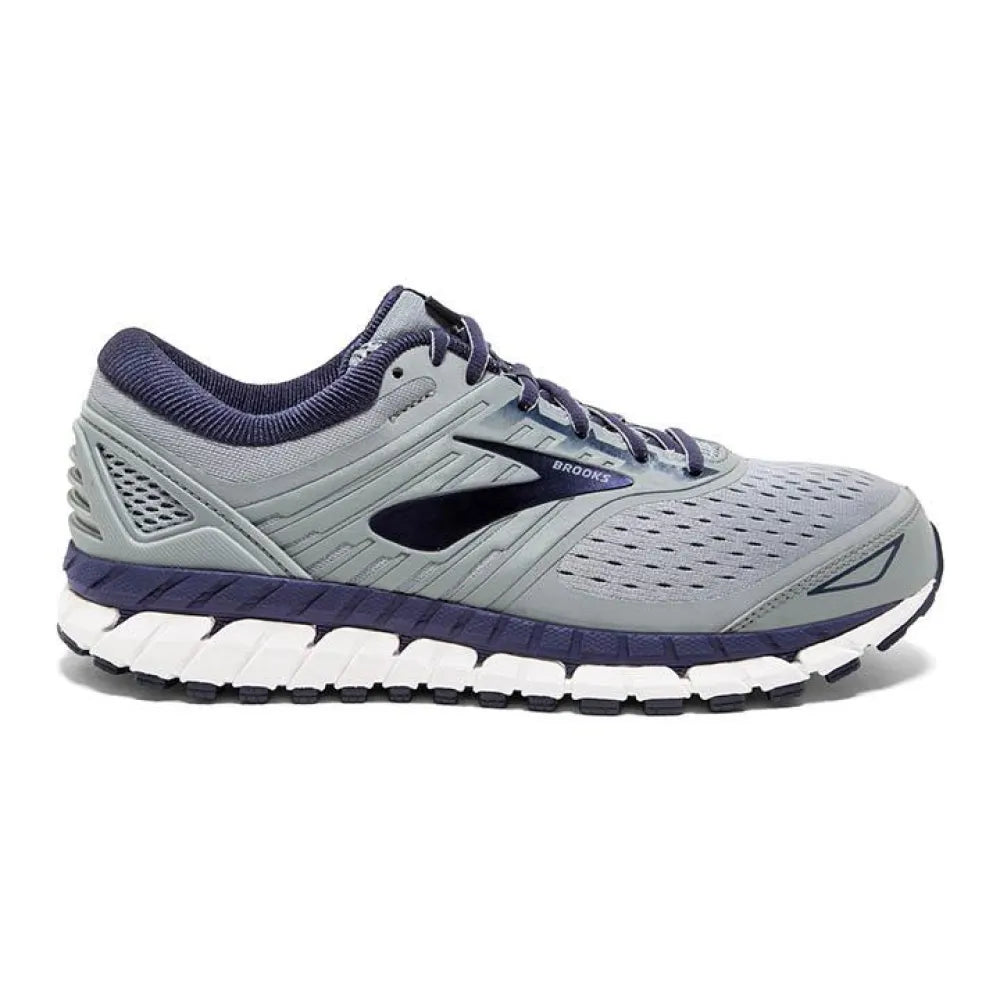 Side view on white background of Mens Brooks Beast 18 running shoe in Grey/Navy/White, Medium (Regular) width