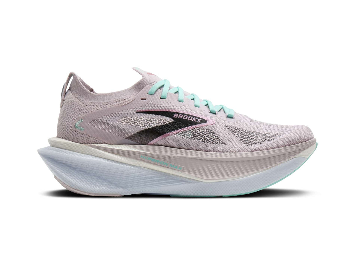 Side view on white background of Womens Brooks Hyperion Max 3 running shoe in Pink/Yucca/Black, Medium (Regular) width