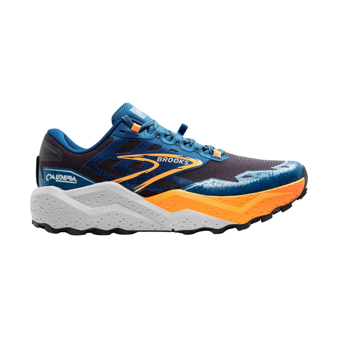 Side view on white background of Mens Brooks Caldera 7 running shoe in Ebony and Blue and Sapphire, Medium width