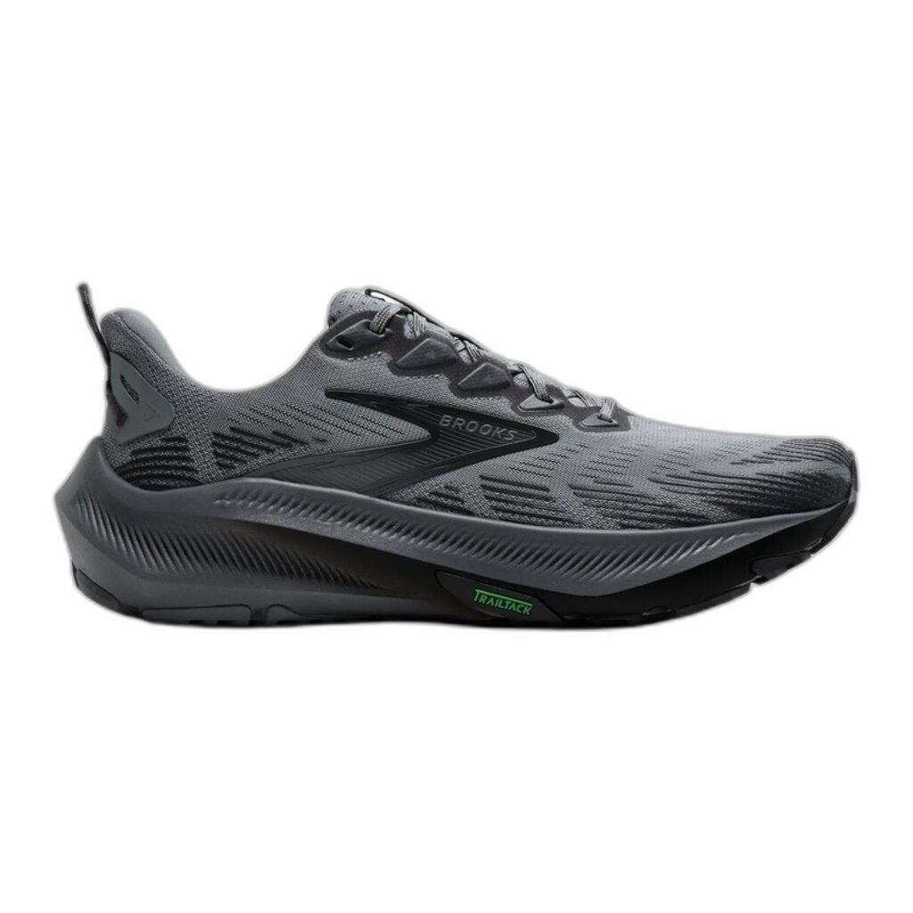 Side view on white background of Mens Brooks Ghost Trail running shoe in Gray/Gray/Blackened Pearl, Wide width