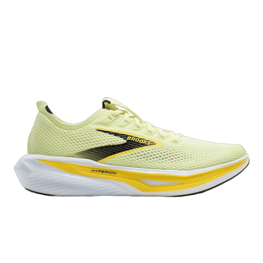 Side view on white background of Mens Brooks Hyperion 3 running shoe in Luminary/Black/Yellow, Medium (Regular) width